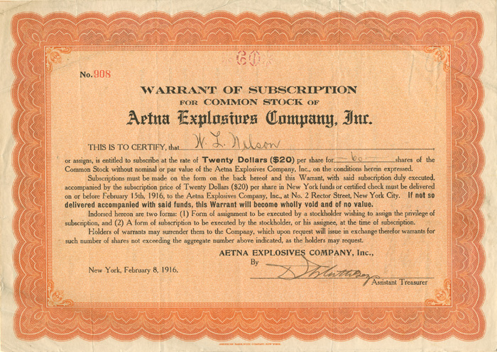 Aetna Explosives Co., Inc. - Stock Certificate